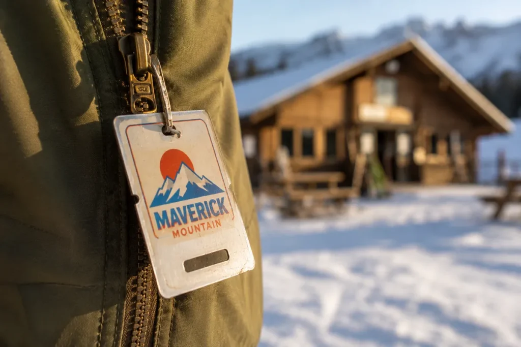 Vintage metal wicket lift ticket attached to a skier's jacket zipper at Maverick Mountain with the lodge in the soft background
