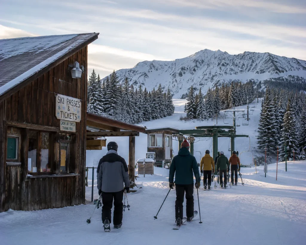 The base lodge at Lost Trail Powder Mountain with the ticket window visible and skiers loading the Chair 1 lift in the background under a clear winter sky