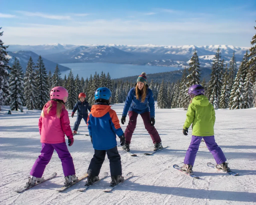 Children in ski school at Blacktail Mountain wearing colorful jackets and helmets with an instructor while practicing on a gentle beginner slope