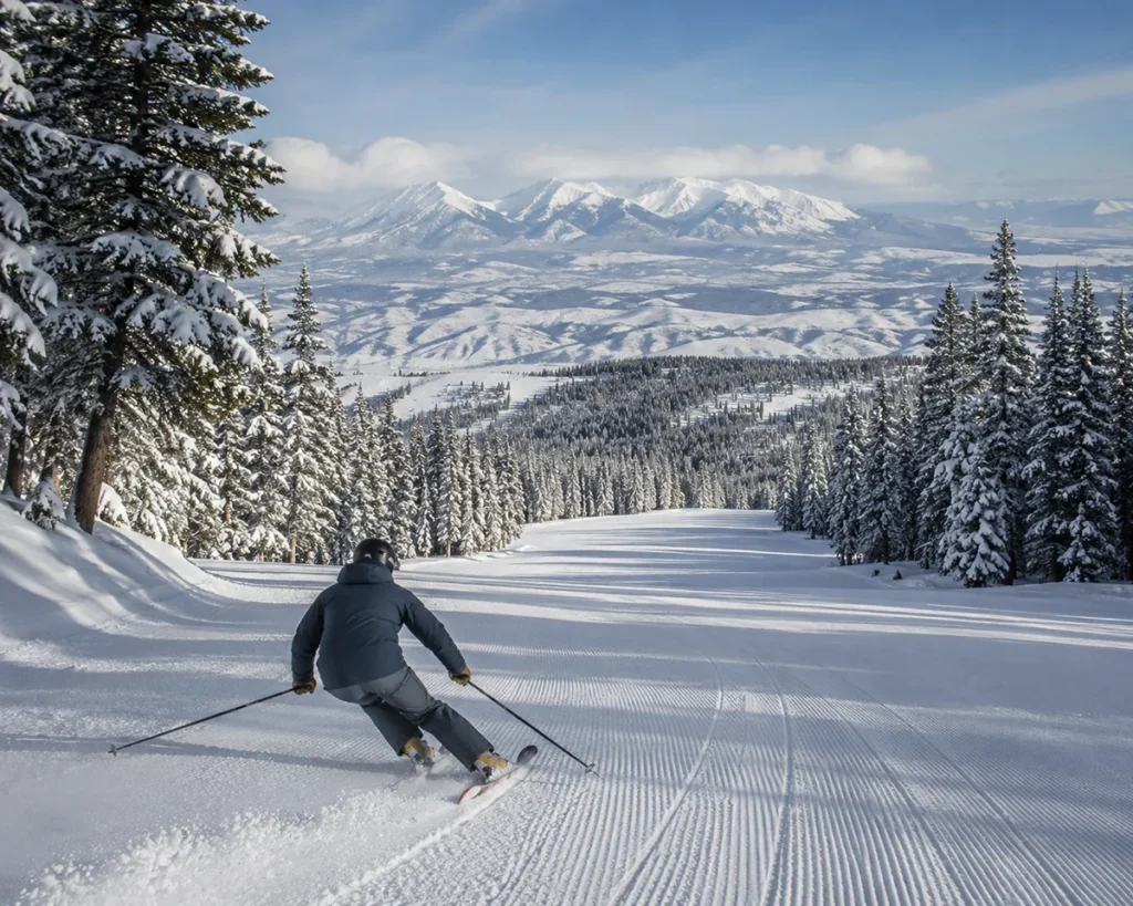 "A skier carving down a wide groomed run on the Moonlight Basin side of Big Sky with the Spanish Peaks visible in the distance