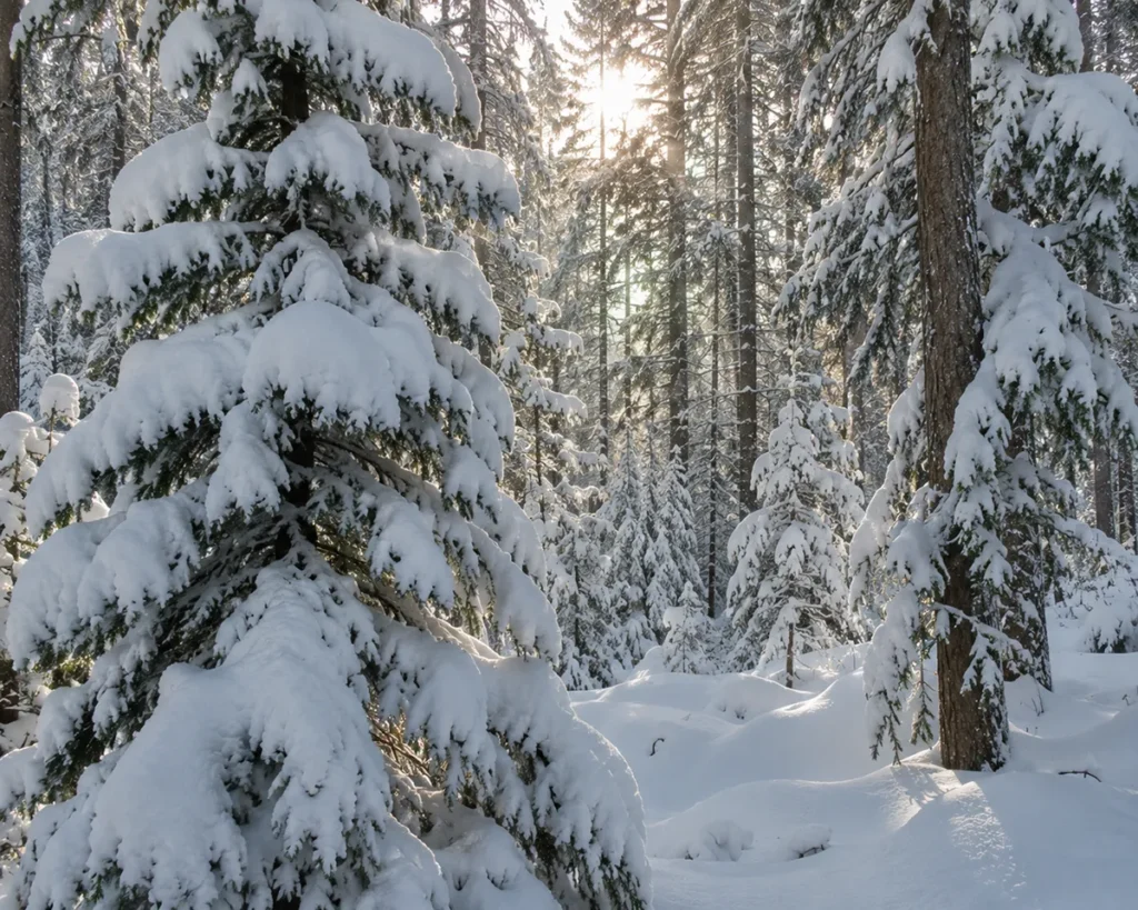 Snow-laden conifer trees in the Lewis and Clark National Forest surrounding Showdown ski area with soft morning light filtering through the heavy snow on branches