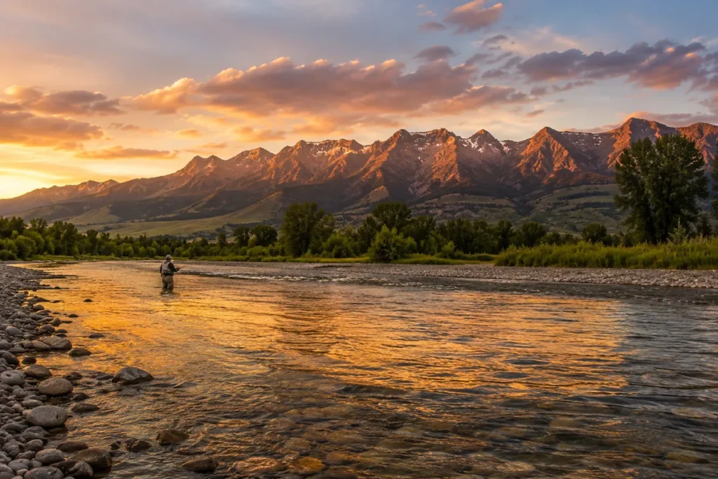 Yellowstone River at sunset in Paradise Valley Montana south of Livingston