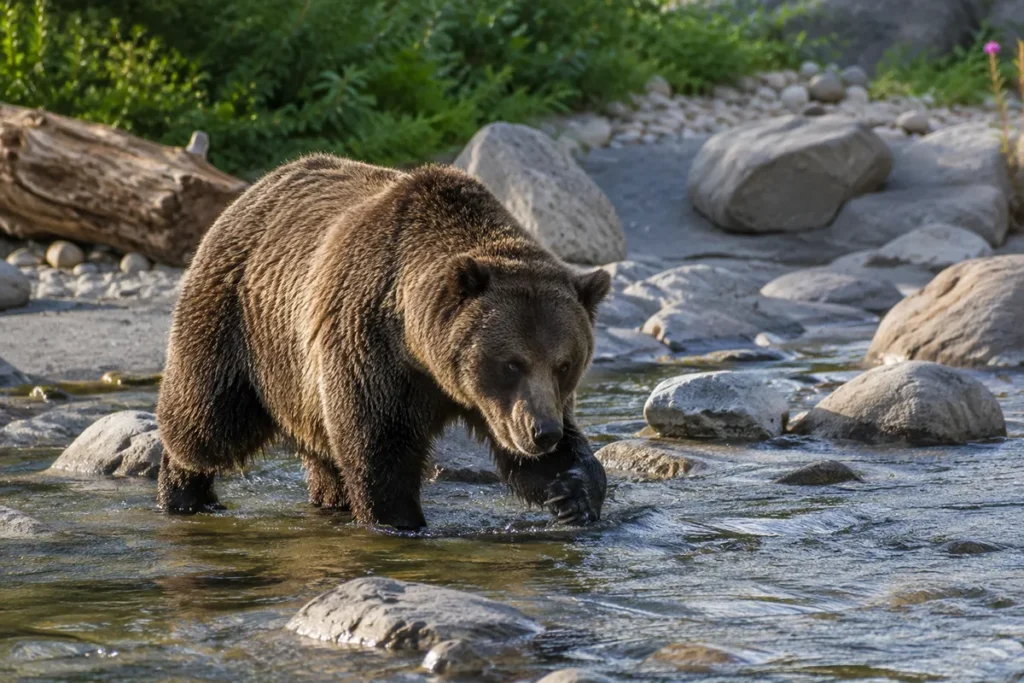 ZooMontana grizzly bear in naturalistic habitat enclosure showing natural behavior in North America Region