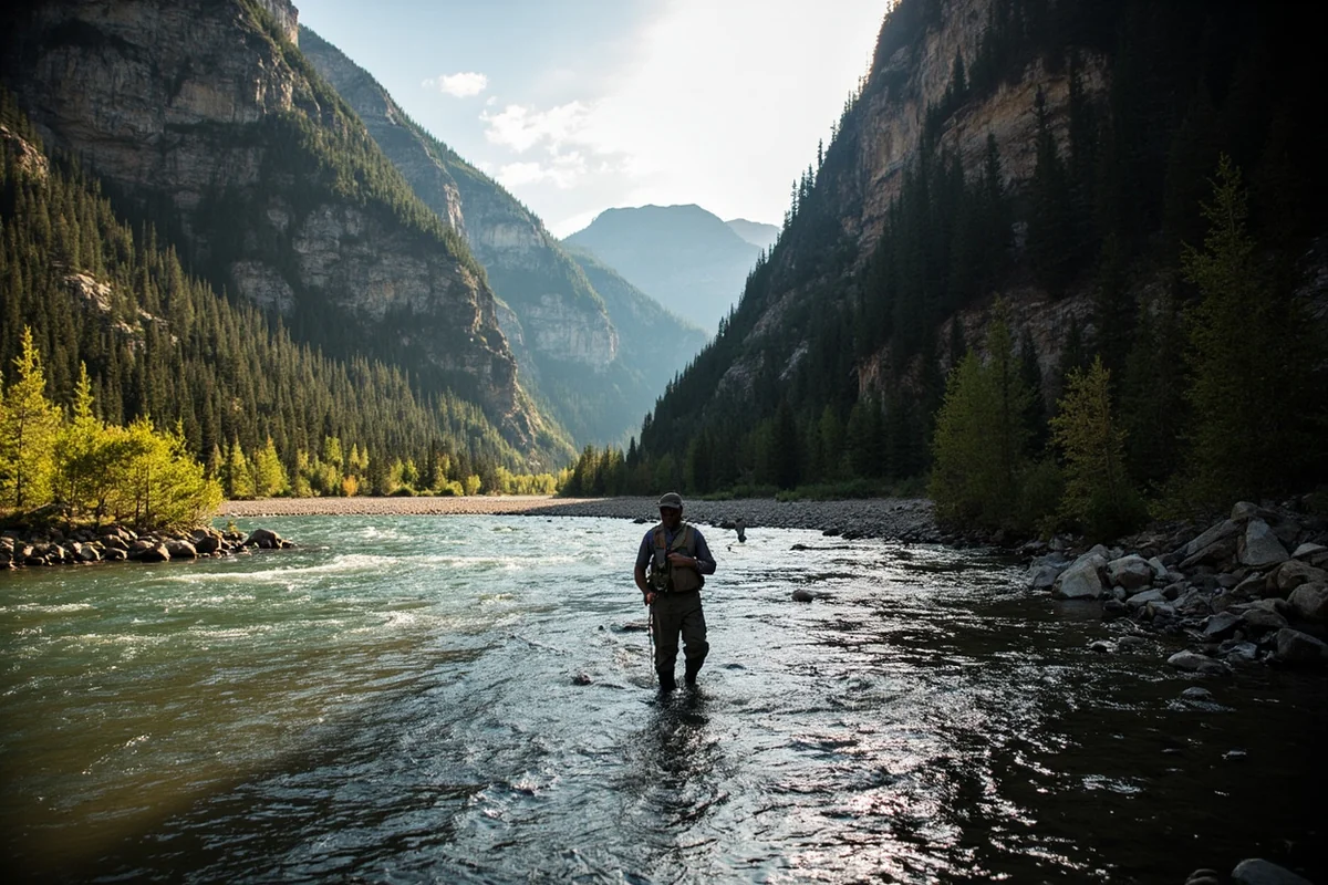 A fly fisherman wading the Boulder River in Sweet Grass County with forested canyon walls rising on either side