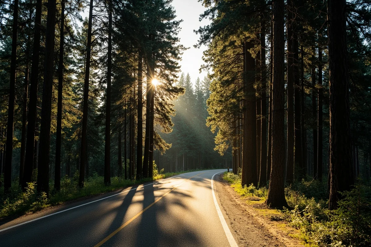 A forest road winding through tall larch and fir trees in Lolo National Forest near Superior, Montana, dappled morning light