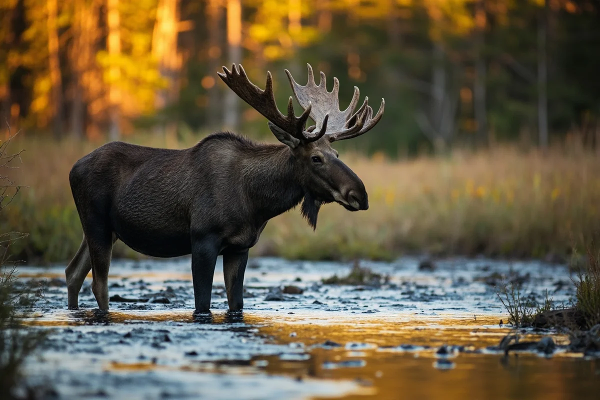 A moose standing in a shallow section of a tributary creek in Mineral County's Lolo National Forest, taken at dawn
