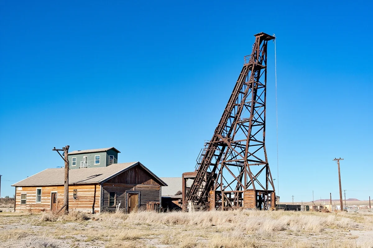 A vintage mine headframe standing against a blue Montana sky in Uptown Butte