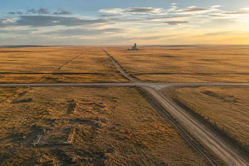 Aerial view of eastern Montana plains showing abandoned homesteads and grid-pattern roads with no buildings