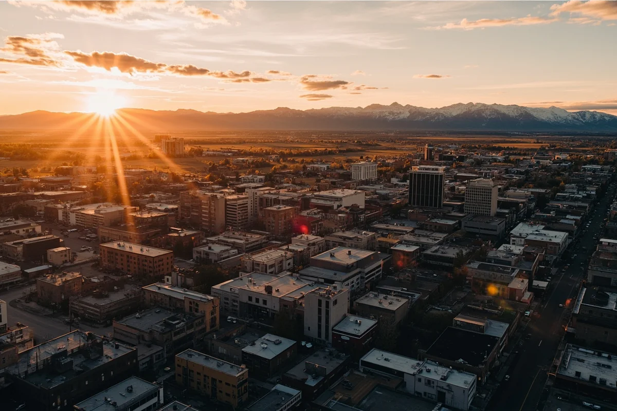 Aerial view of Bozeman with Bridger Mountains in background during golden hour