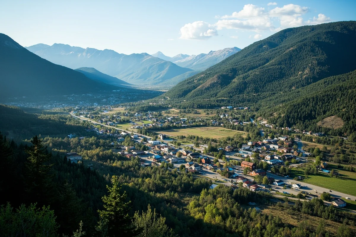 Aerial view of Philipsburg nestled in the Flint Creek Valley with mountain ranges on both sides