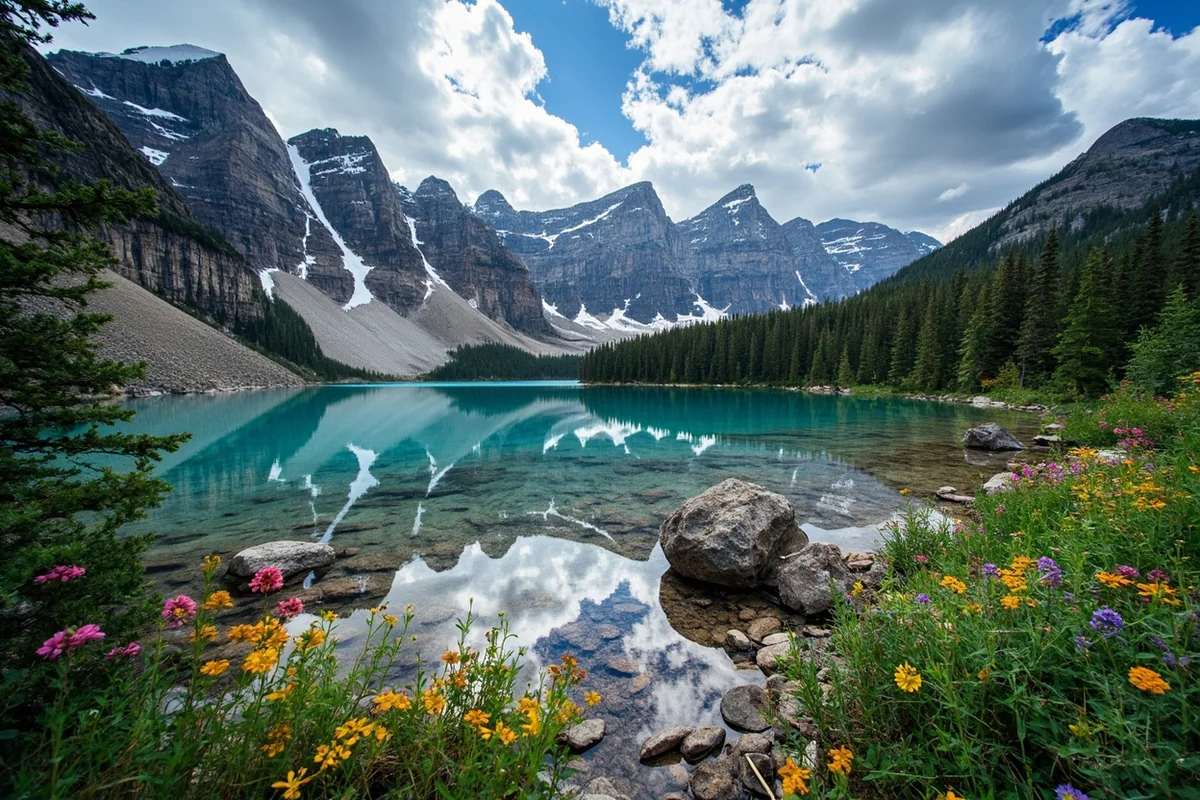 Alpine lake in the Cabinet Mountains Wilderness surrounded by rocky peaks and wildflowers