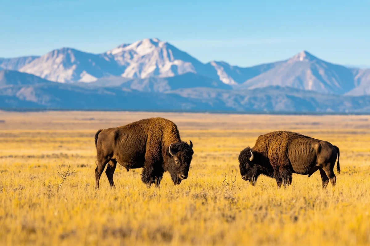 American bison grazing on golden grassland at the National Bison Range with the Mission Mountains rising in the background