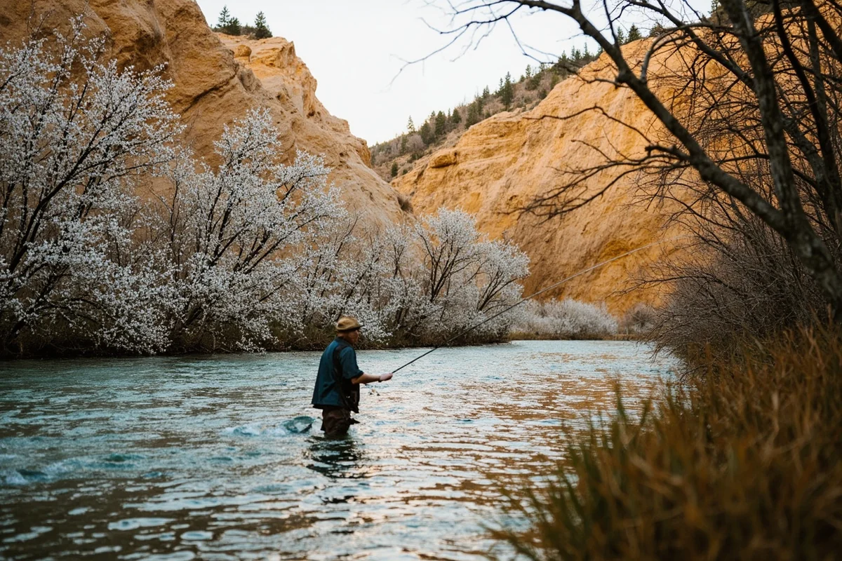 Angler casting into the Musselshell River surrounded by cottonwood trees and sandstone bluffs