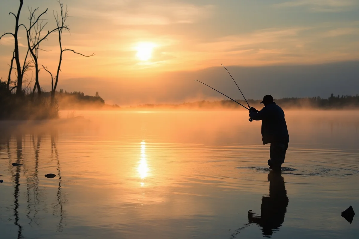 angler fishing on the Missouri River near Wolf Point, Montana at dawn with mist on the water