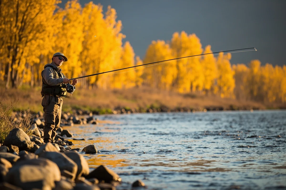 Angler fly fishing on the Musselshell River near Harlowton with cottonwood trees in golden fall colour along the banks