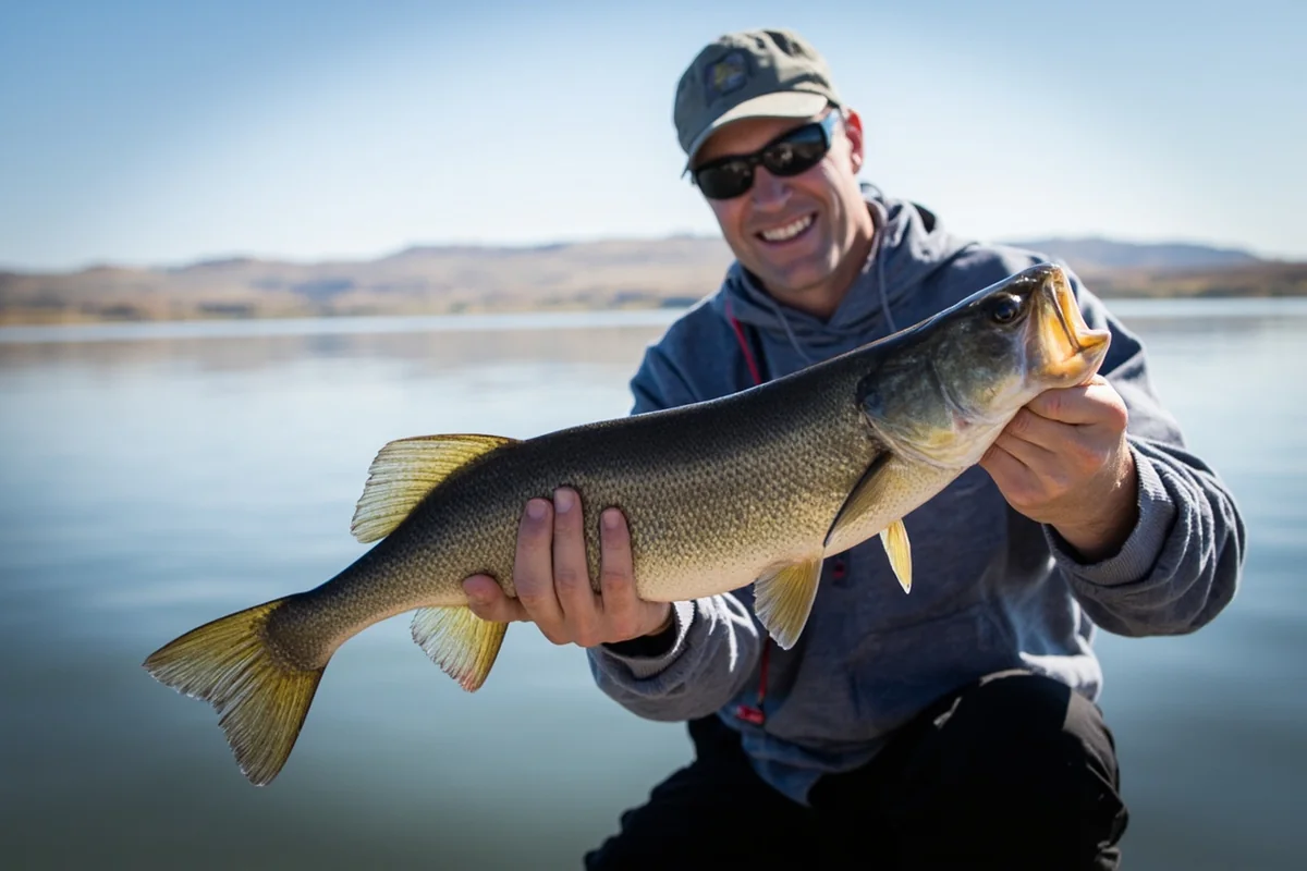 Angler holding a large walleye caught on Fort Peck Lake with the reservoir and prairie horizon in the background