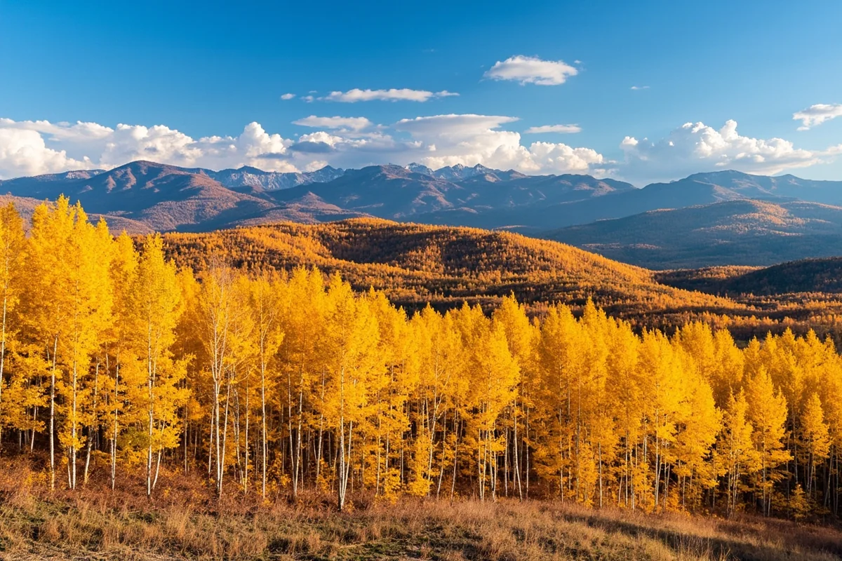 Aspen trees in full fall golden color in the Castle Mountains, Meagher County, with blue October sky above