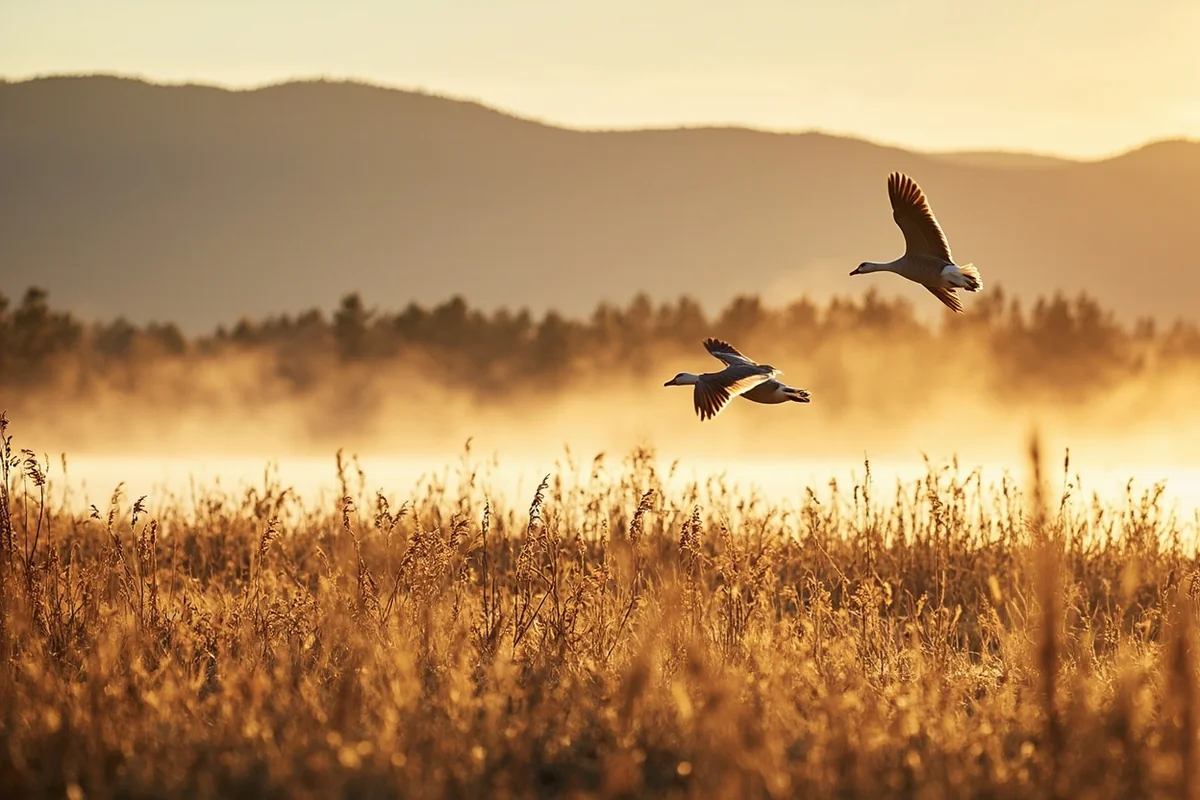 Autumn light over Medicine Lake with golden reeds and migrating snow geese in flight