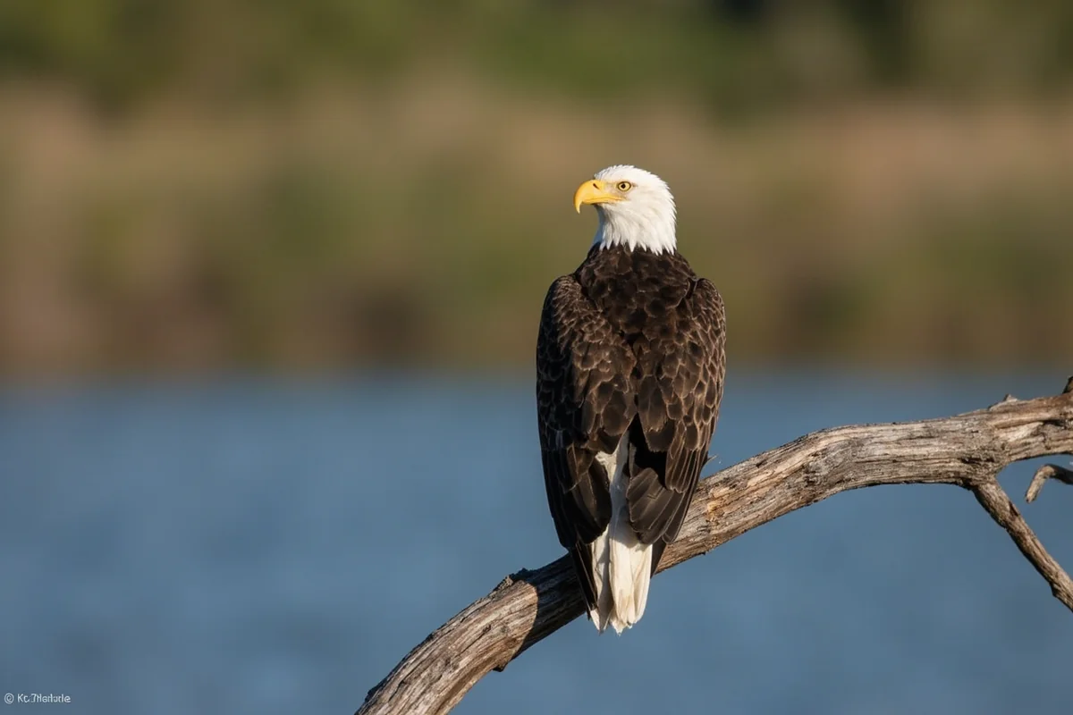 Bald eagle perched on a riverside branch along the Clark Fork River in Sanders County