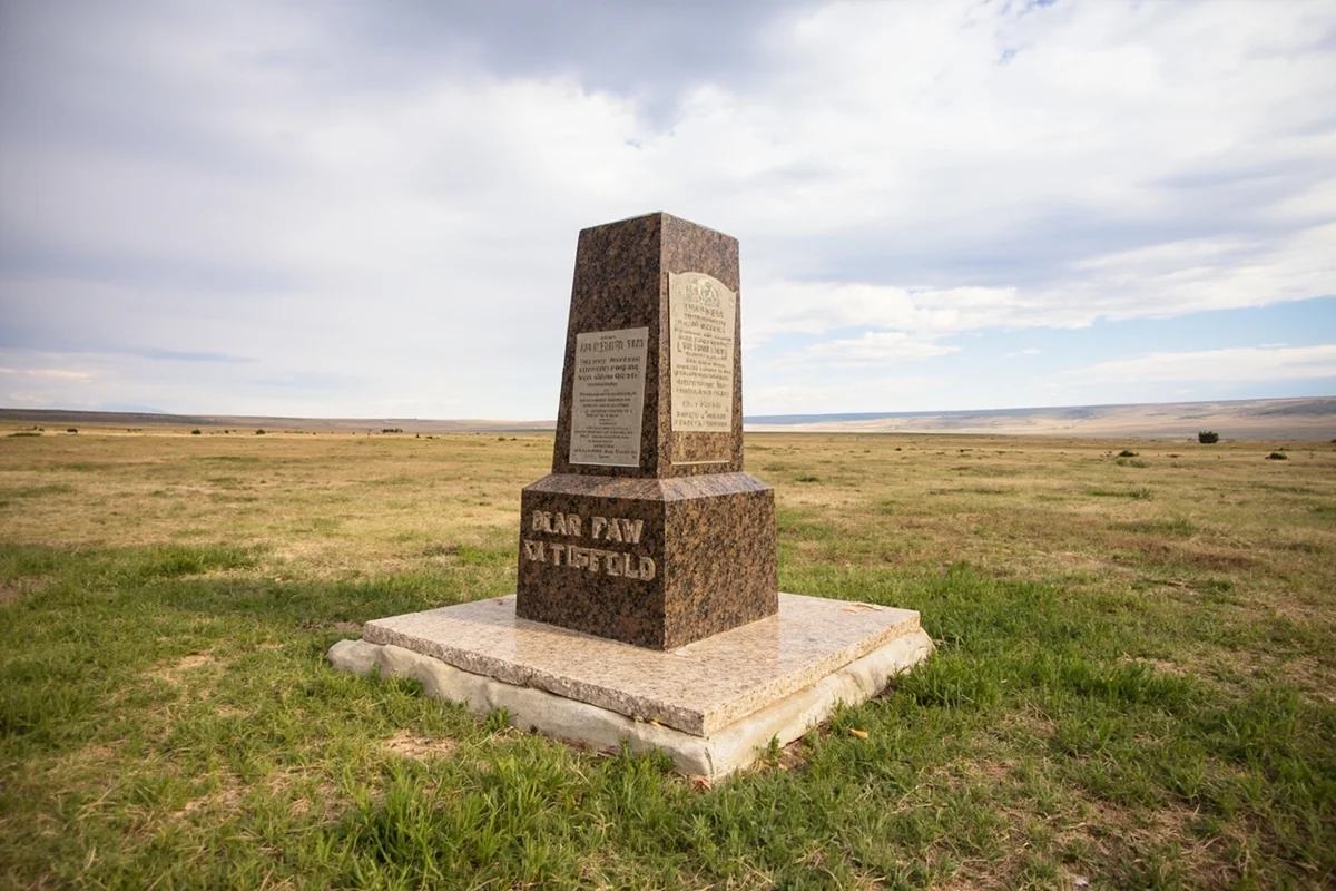 Bear Paw Battlefield monument with open plains stretching in all directions under a cloudy Montana sky