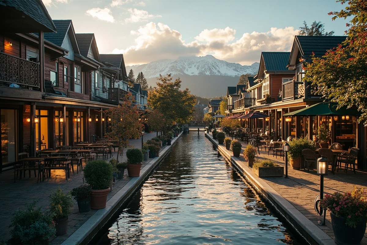 Bigfork village center with Swan River, galleries and outdoor dining areas visible