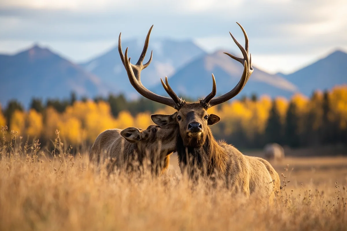 Bull elk bugling in meadow with autumn colors and mountains