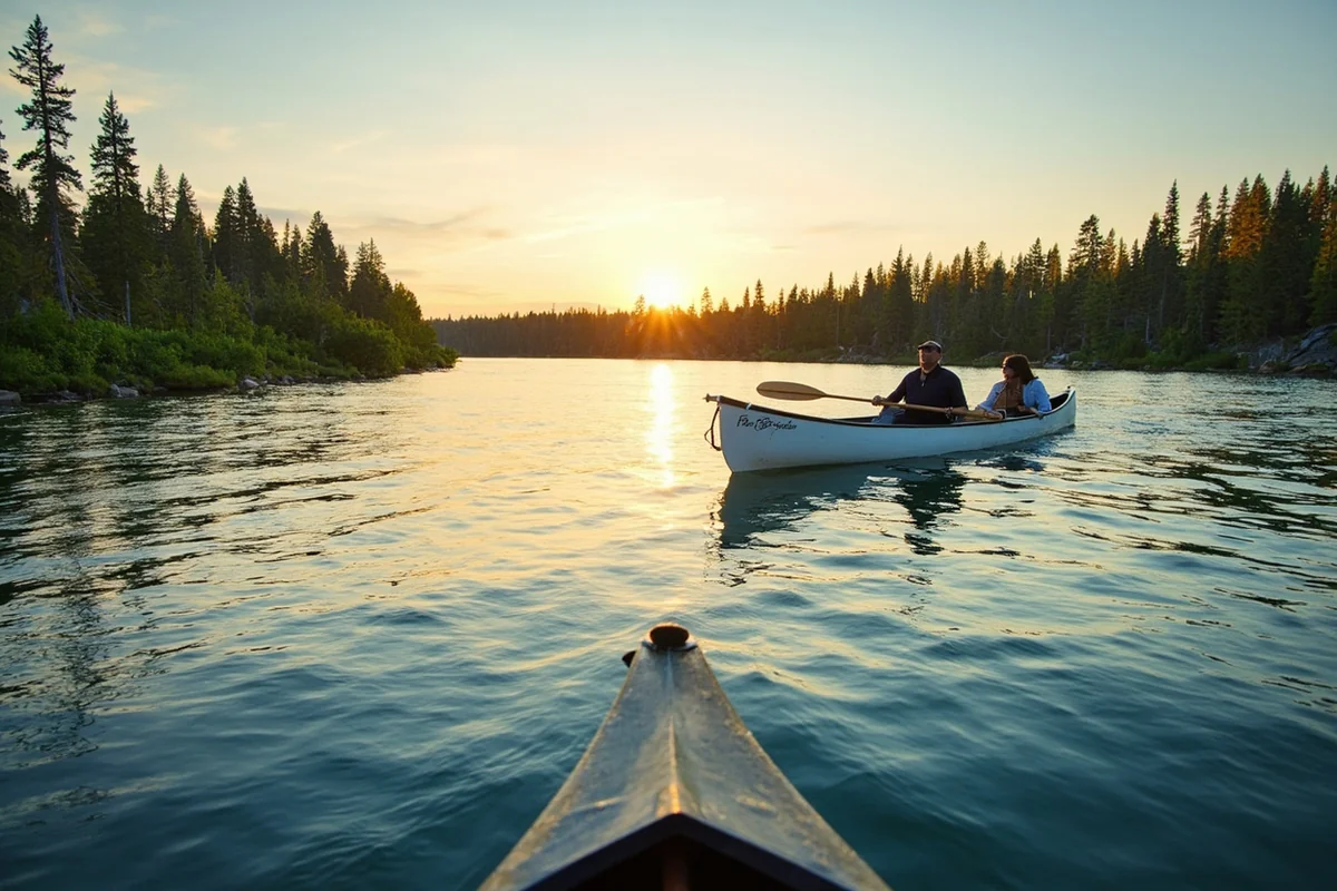 Canoe or drift boat on the broad, cottonwood-lined Yellowstone River in Treasure County on a calm summer morning