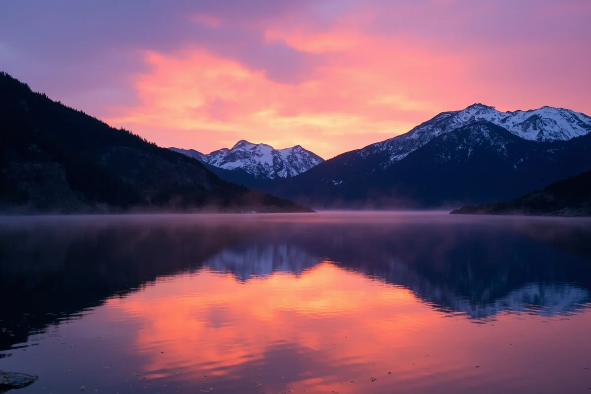 Canyon Ferry Lake at sunset with the Rocky Mountains reflected in the calm water