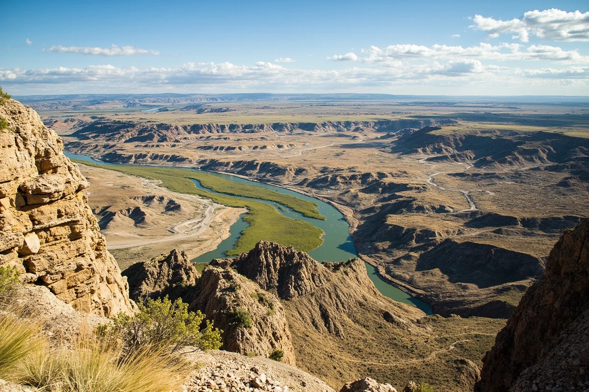 Charles M. Russell National Wildlife Refuge landscape showing Missouri River Breaks, eroded badlands, and green river corridor from elevated viewpoint