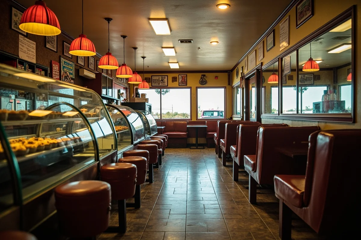 Classic small-town Montana diner interior in Roundup with counter seating and pie display case