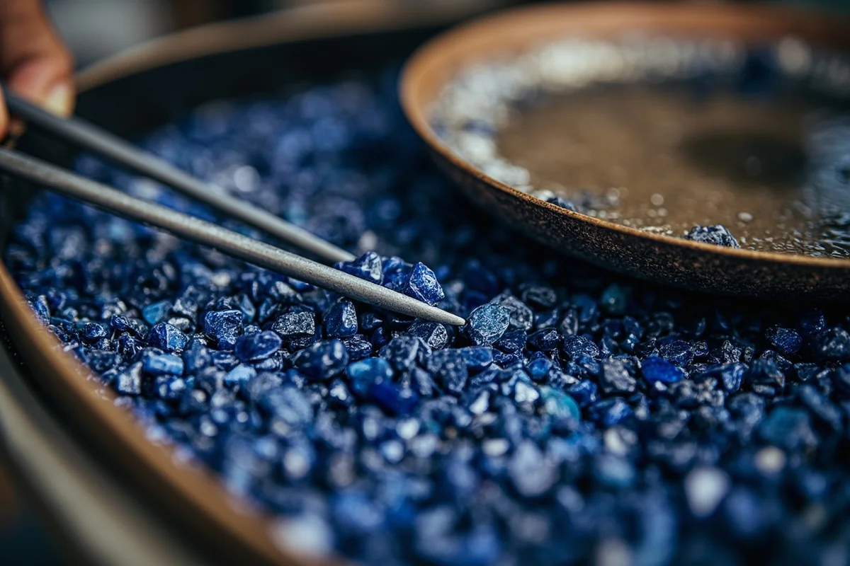 Close-up of rough sapphires sorted from mining gravel with tweezers and water pan