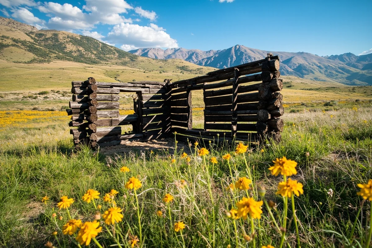 Collapsed log cabin ruins at Castle Town ghost town in the Castle Mountains, surrounded by wildflowers in summer