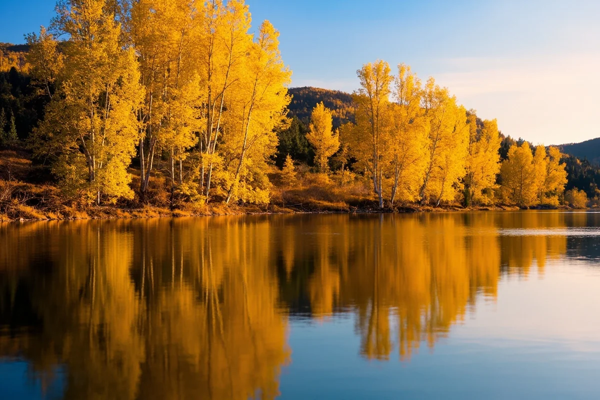 Cottonwood trees along the Yellowstone River in autumn, golden leaves reflecting on the calm water near Two Moon Park