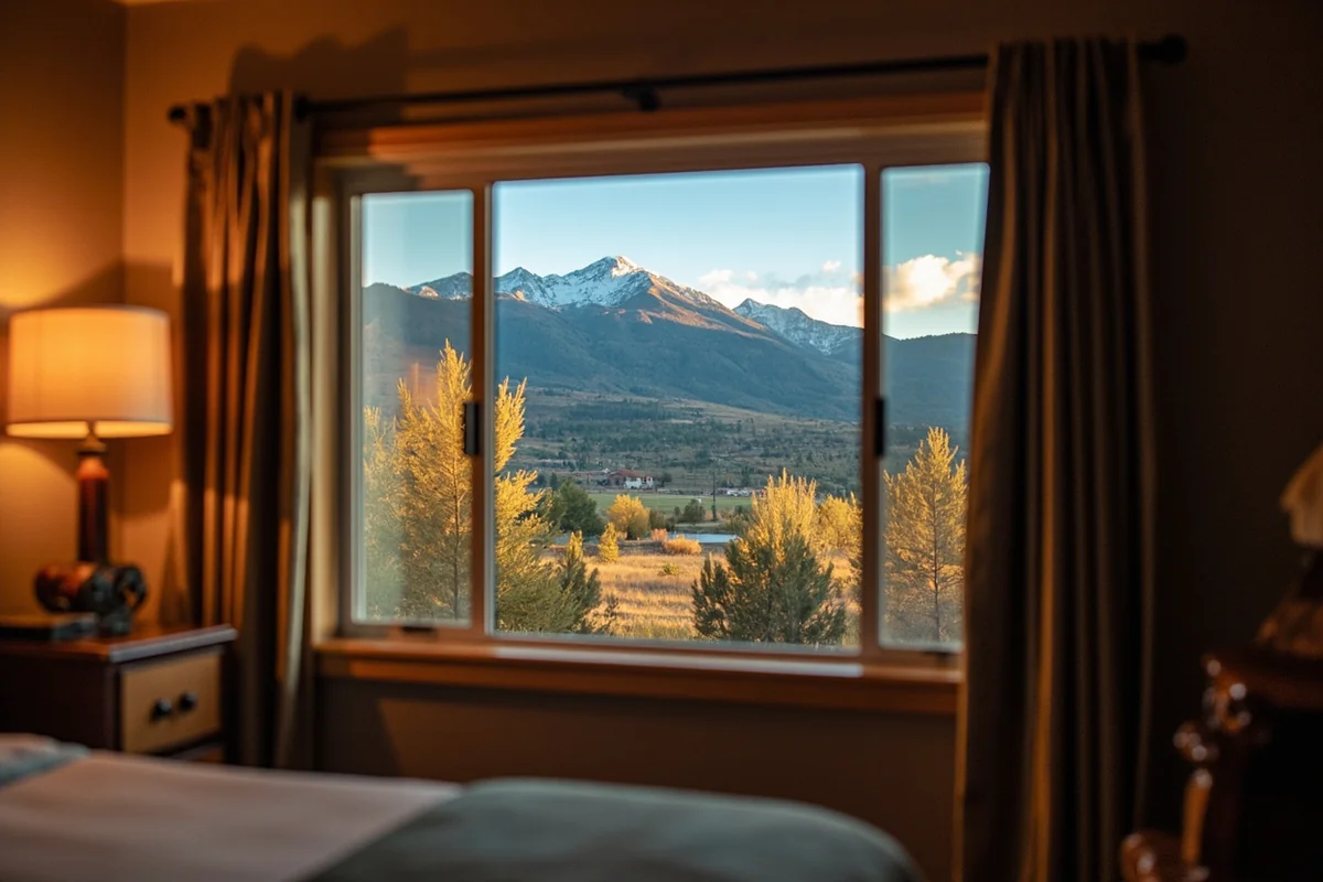 Cozy hotel room or cabin rental with mountain view through the window in Missoula County