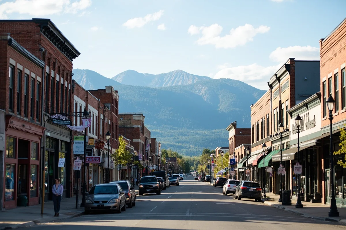 Downtown Hamilton Montana main street with historic storefronts and mountains in the background