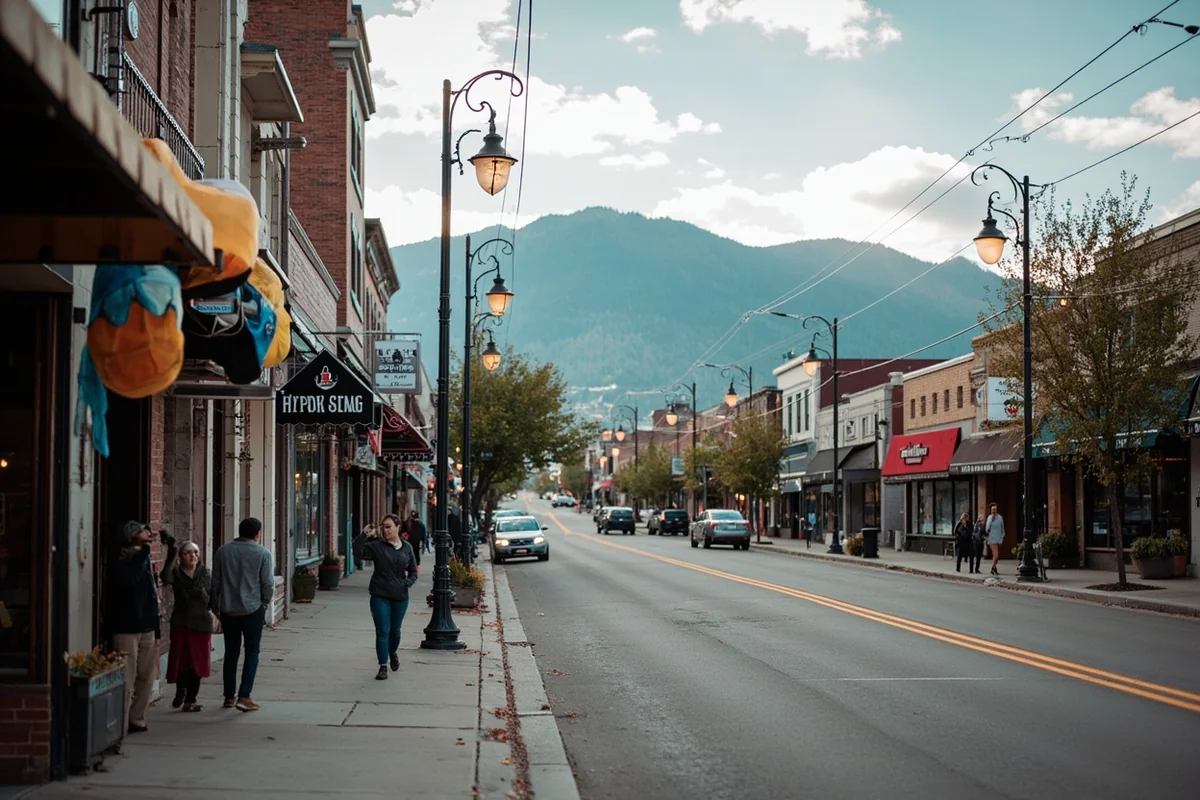 Downtown Missoula street scene on Higgins Avenue with pedestrians, local shops, and mountain backdrop