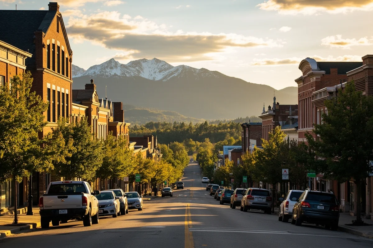 Downtown Whitefish main street with historic buildings and mountain views, summer evening golden hour