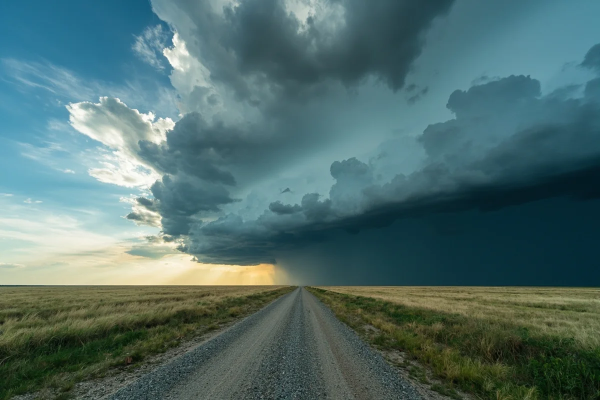 Dramatic storm clouds building over open grassland prairie in Petroleum County, with a gravel road disappearing into the distance and no other vehicle