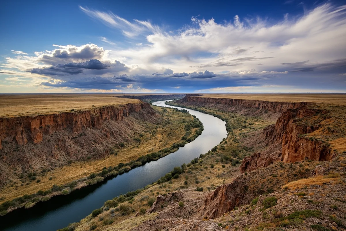 Dramatic view of the Missouri River snaking through the coulées and badlands of the Charles M. Russell National Wildlife Refuge in Phillips County