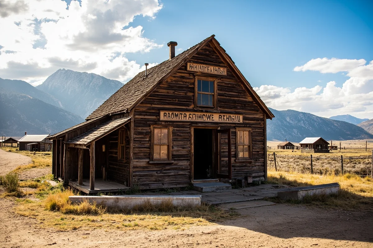 Elkhorn ghost town with the original wooden Fraternity Hall against a backdrop of Montana mountains