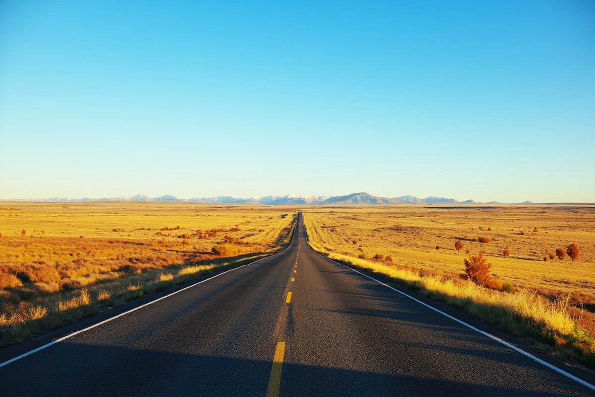 Empty two-lane highway stretching toward the horizon through Judith Basin County on a clear autumn day