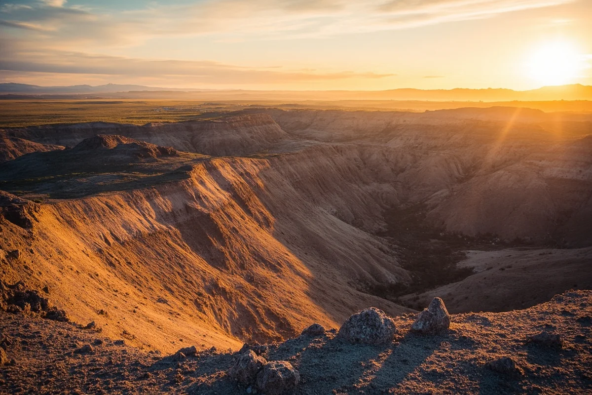Eroded badlands terrain in eastern Judith Basin County glowing in early morning light
