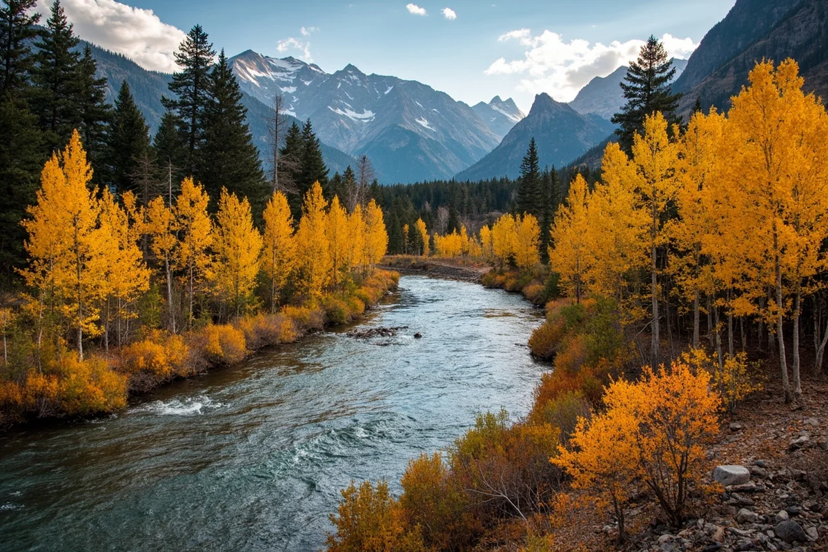 Fall colors along Gallatin River with mix of aspens and evergreens