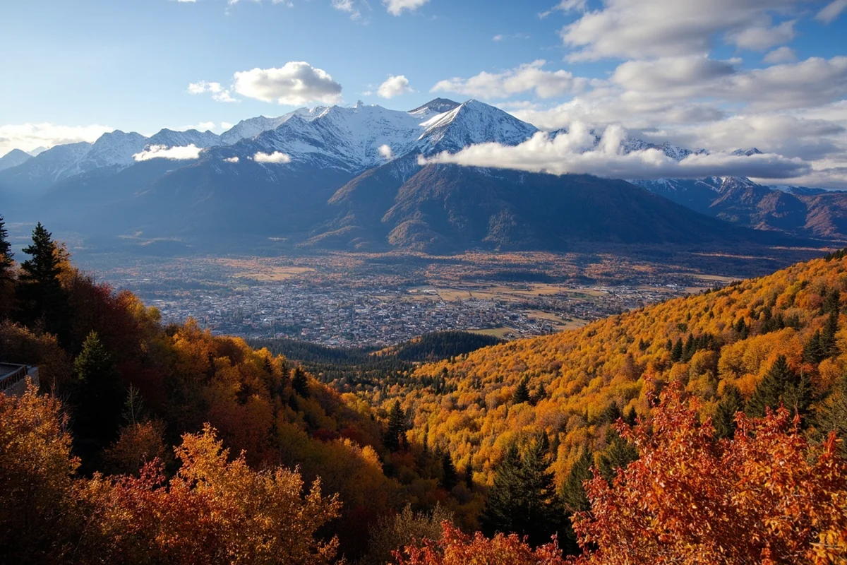 Fall foliage in the Highland Mountains above Butte with the city visible in the valley below