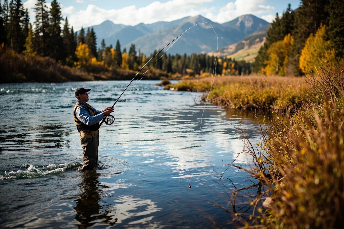 Fly fisher casting in the Gallatin River with autumn colors on the banks