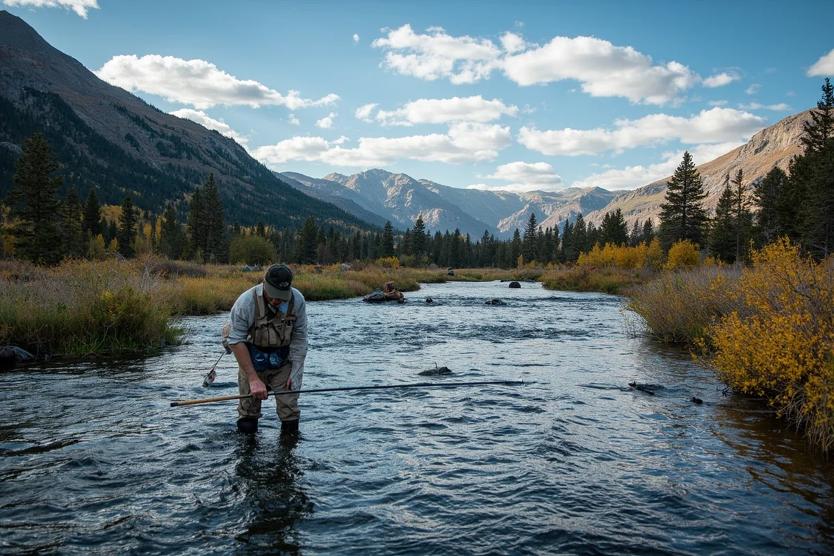 Fly fisherman wading in a clear Montana stream in Meagher County, with the Castle Mountains visible in the distance