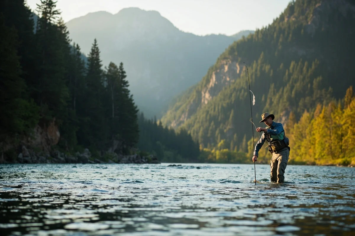 Fly fisherman wading in the Blackfoot River with forested canyon walls in background