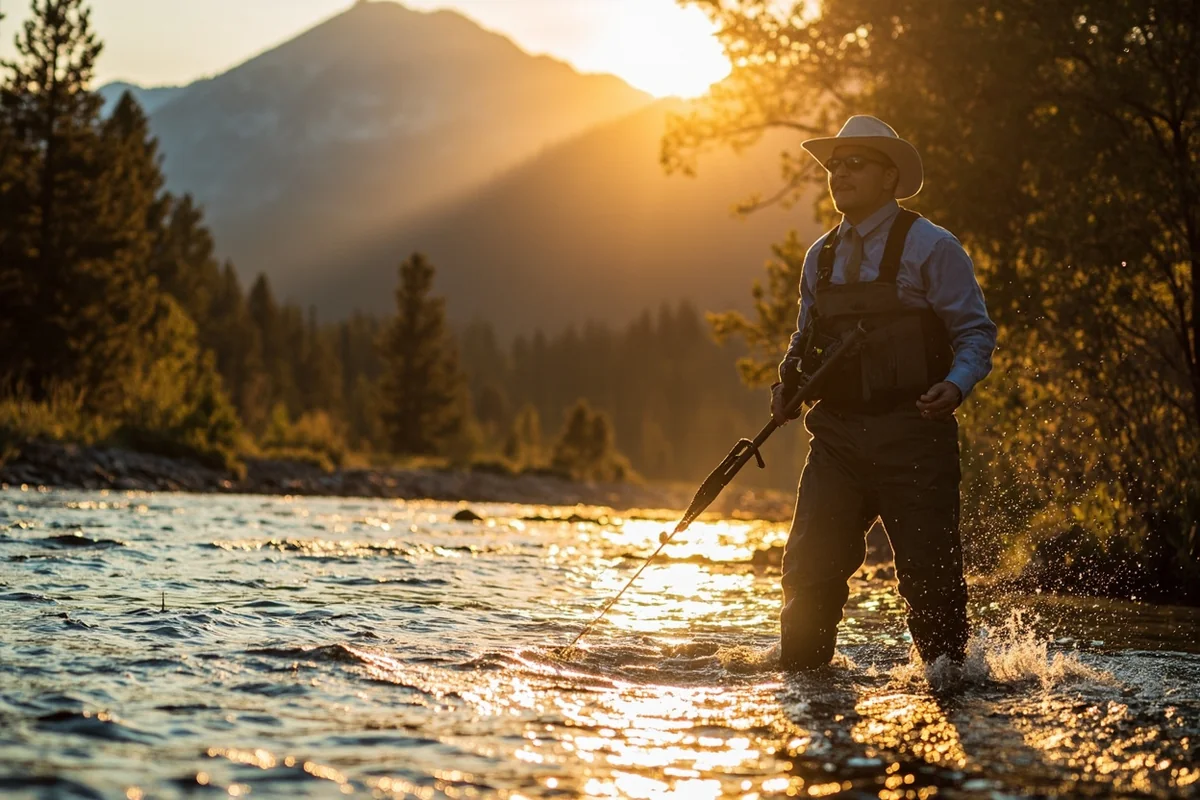 Fly fisherman wading the Bitterroot River in the golden light of late afternoon
