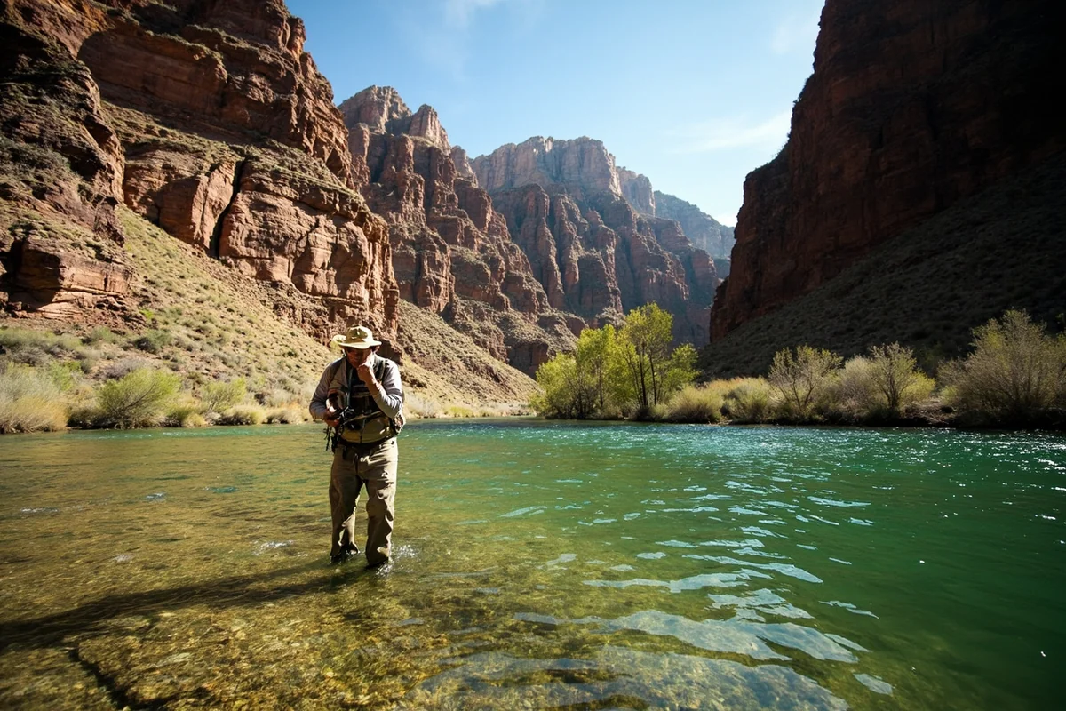 Fly fisherman wading the clear green waters of the Stillwater River with canyon walls rising behind him