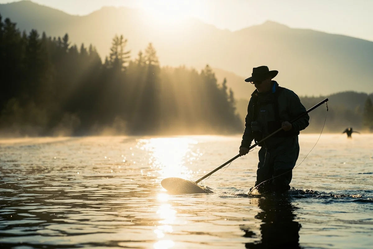 Fly fisherman wading the Kootenai River below Libby Dam in early morning light